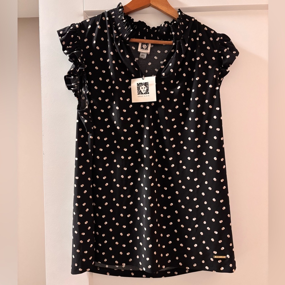 ANNE KLEIN Black Polka Dot Blouse